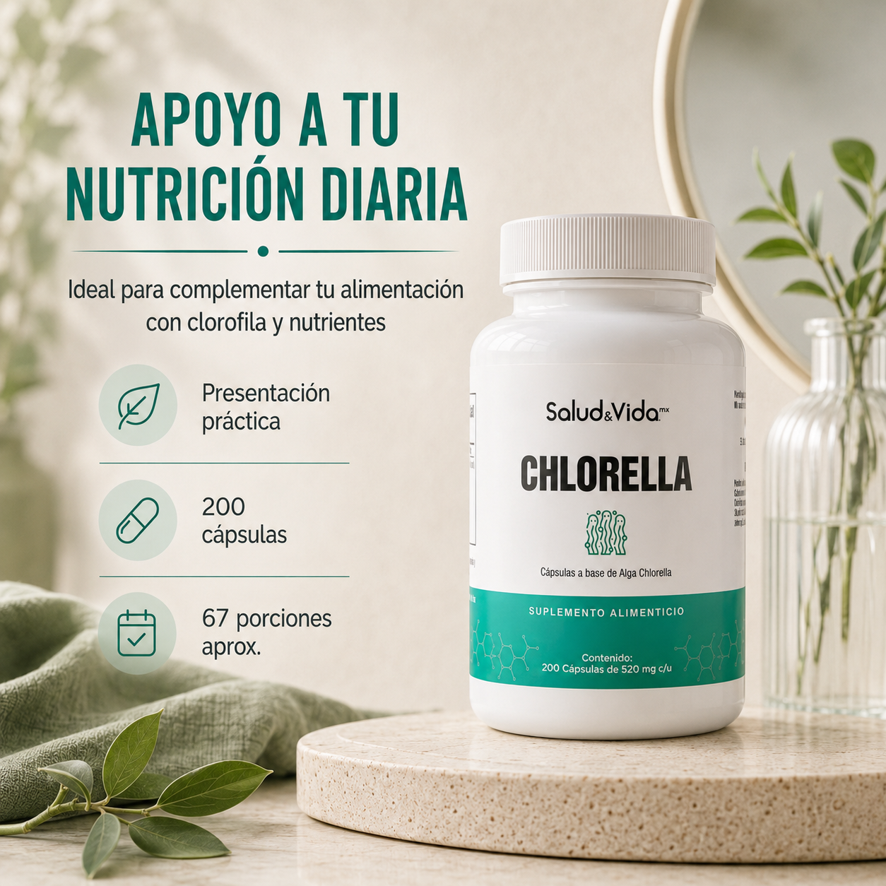 Alga Chlorella 1500mg por Porción (3 cápsulas) - Con Chlorella Orgánica