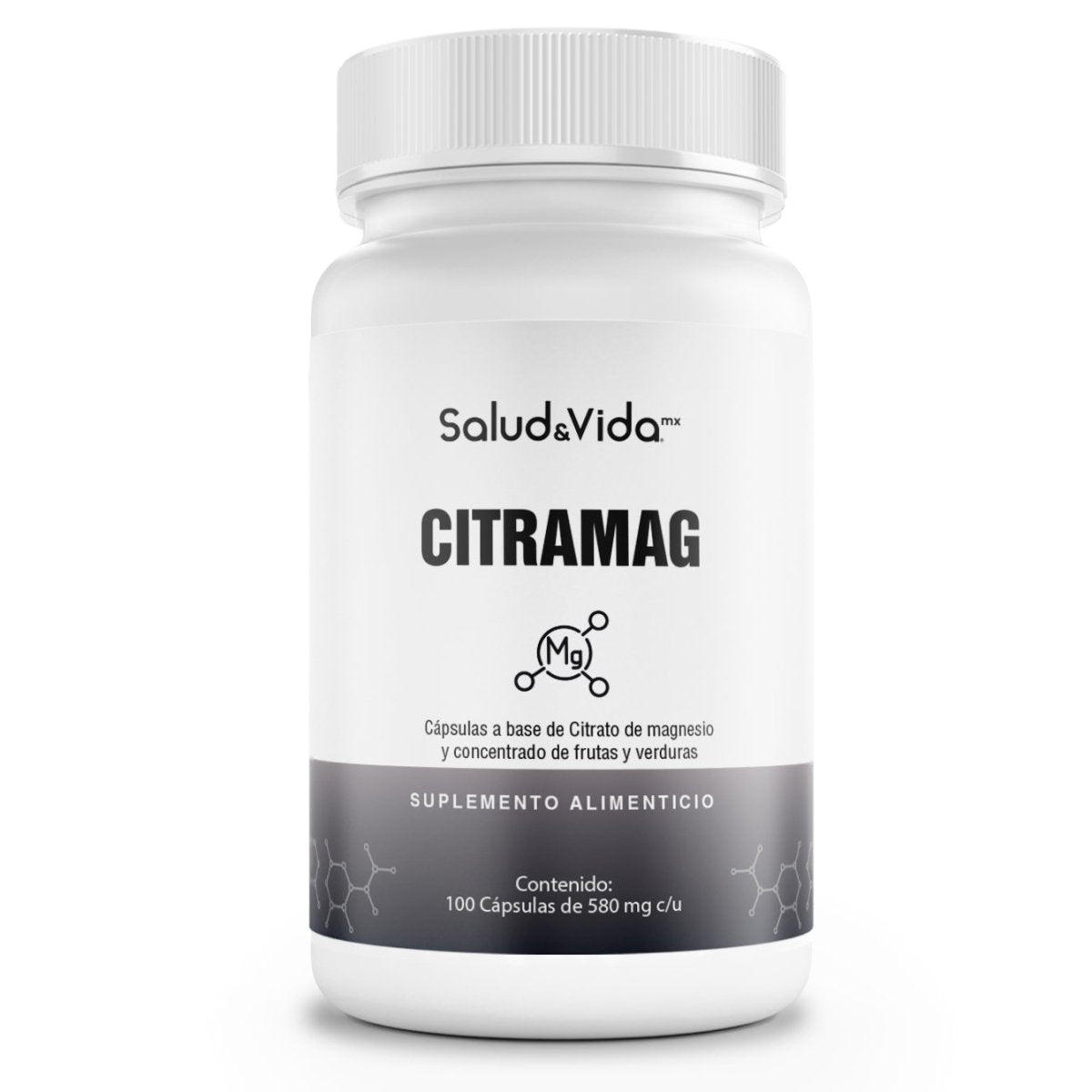 Citrato de Magnesio 500mg - Uno al día - 100 Cápsulas de Fácil Absorción - CITRAMAG S&V - Sin Gluten y Sin OMG - SaludVida México