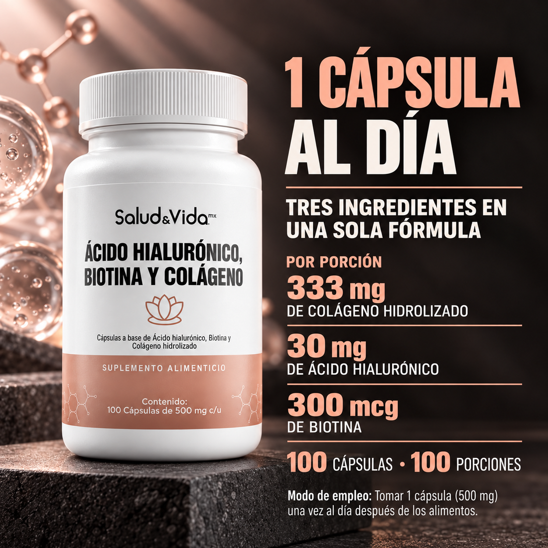 Biotina, Ácido Hialurónico y Colágeno 500mg