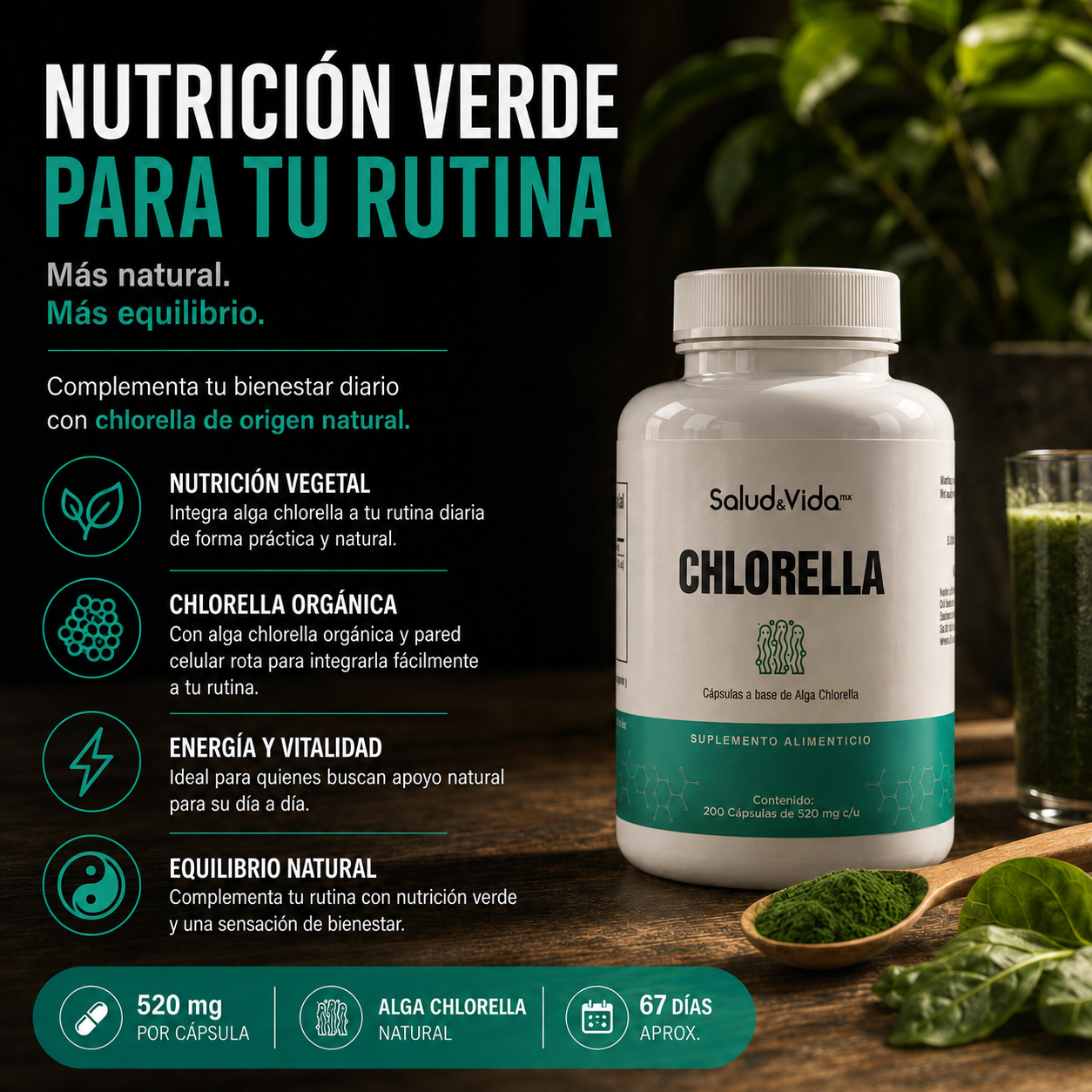Alga Chlorella 1500mg por Porción (3 cápsulas) - Con Chlorella Orgánica