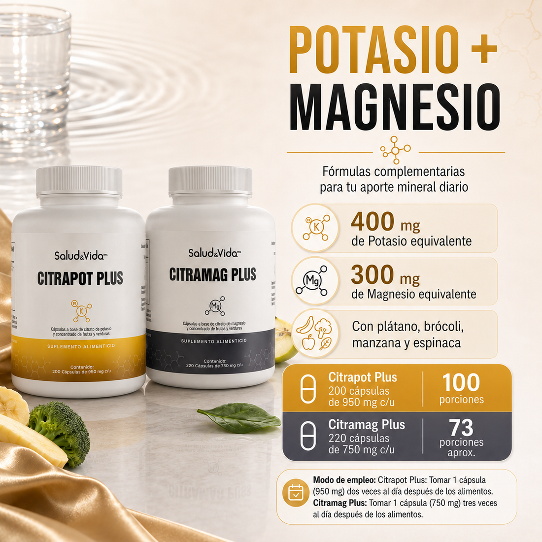 Pack Plus: Citrato de Magnesio 2000mg (220 Cápsulas) y Potasio 400mg (200 Cápsulas)