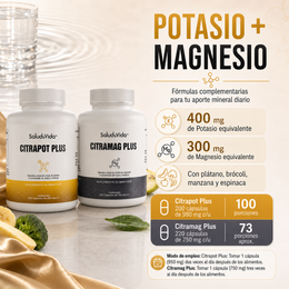 Pack Plus: Citrato de Magnesio 2000mg (220 Cápsulas) y Potasio 400mg (200 Cápsulas)