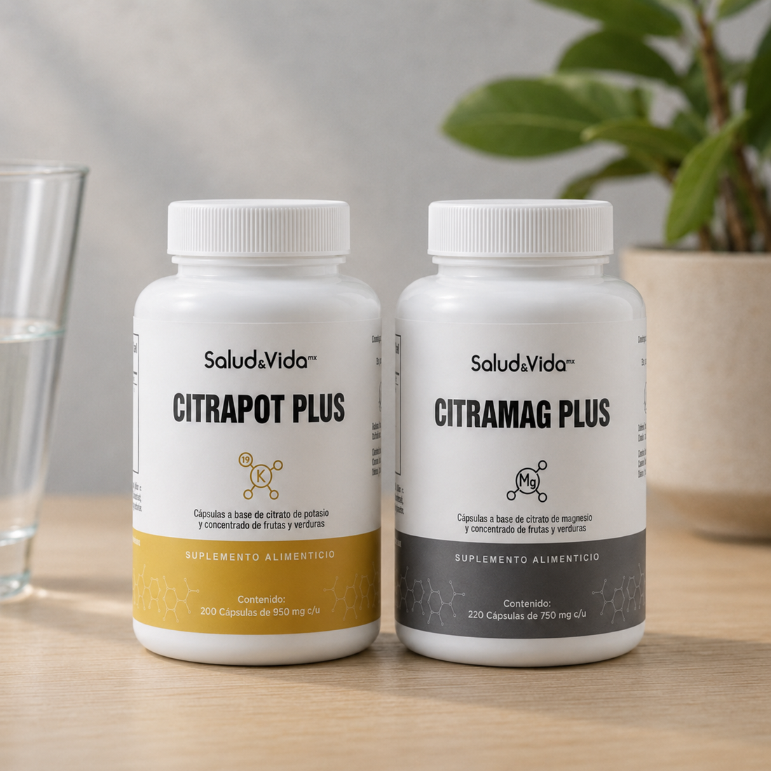 Pack Plus: Citrato de Magnesio 2000mg (220 Cápsulas) y Potasio 400mg (200 Cápsulas)