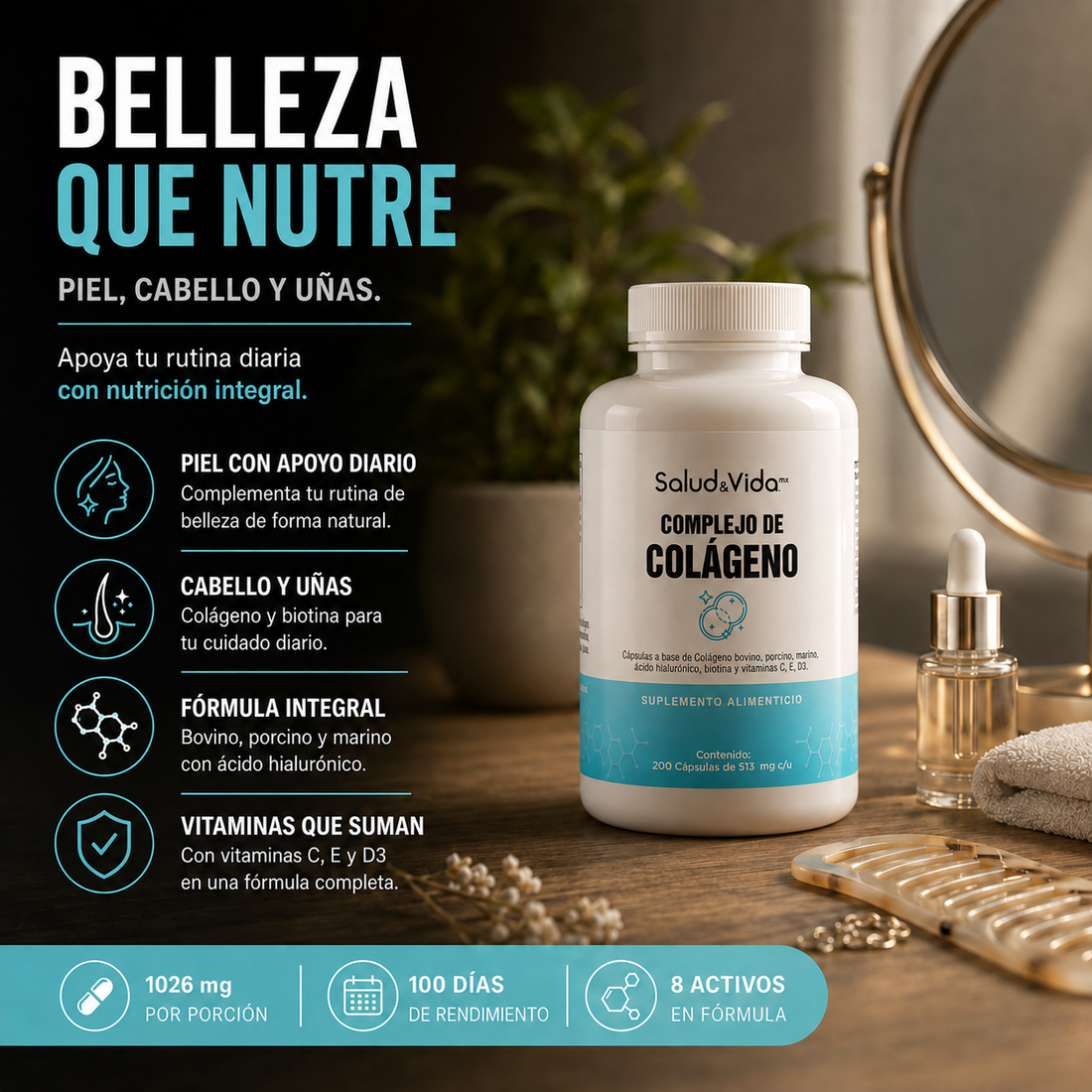 Complejo de Colágeno 513mg (Marino, Porcino y Bovino) Tipo 1, 2 y 3 + Ácido Hialurónico y Biotina