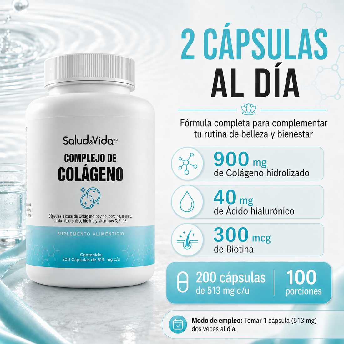 Complejo de Colágeno 513mg (Marino, Porcino y Bovino) Tipo 1, 2 y 3 + Ácido Hialurónico y Biotina