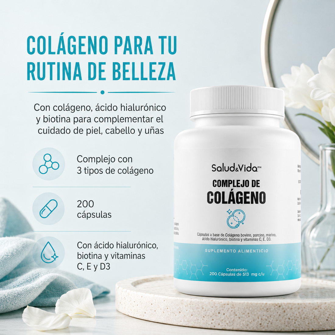 Complejo de Colágeno 513mg (Marino, Porcino y Bovino) Tipo 1, 2 y 3 + Ácido Hialurónico y Biotina