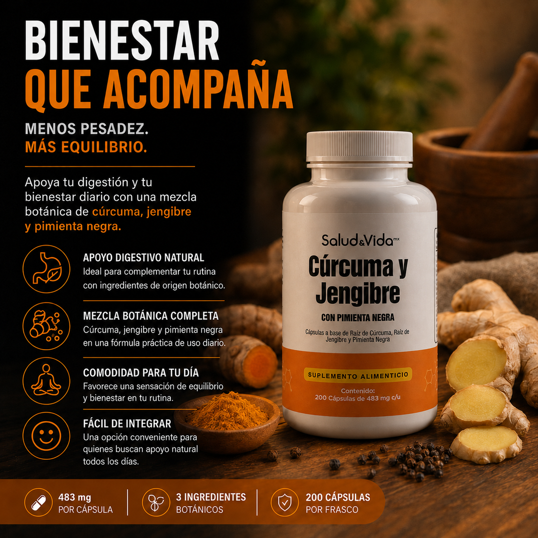 Cúrcuma, Jengibre y Pimienta Negra