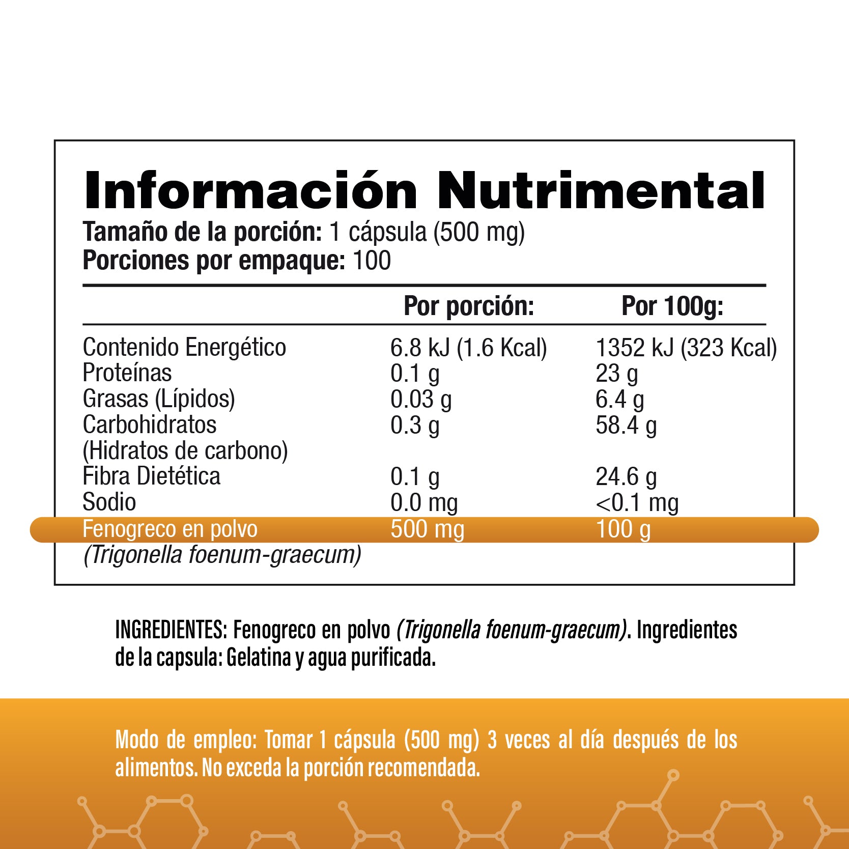 Fenogreco 1500mg Por Porción (3 Cápsulas) - 100% Natural