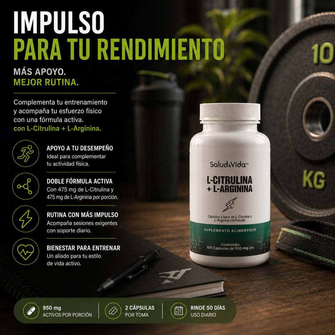 L-Citrulina con L-Arginina 950mg por porción (2 cápsulas)