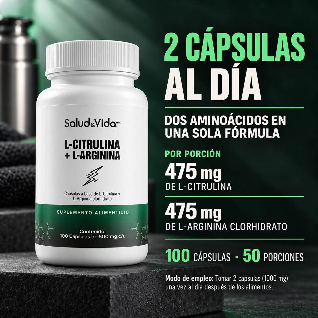 L-Citrulina con L-Arginina 950mg por porción (2 cápsulas)