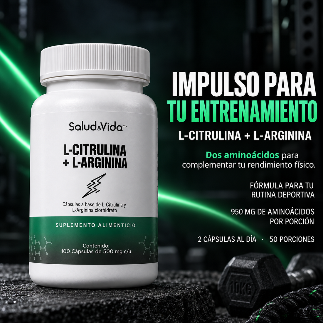 L-Citrulina con L-Arginina 950mg por porción (2 cápsulas)