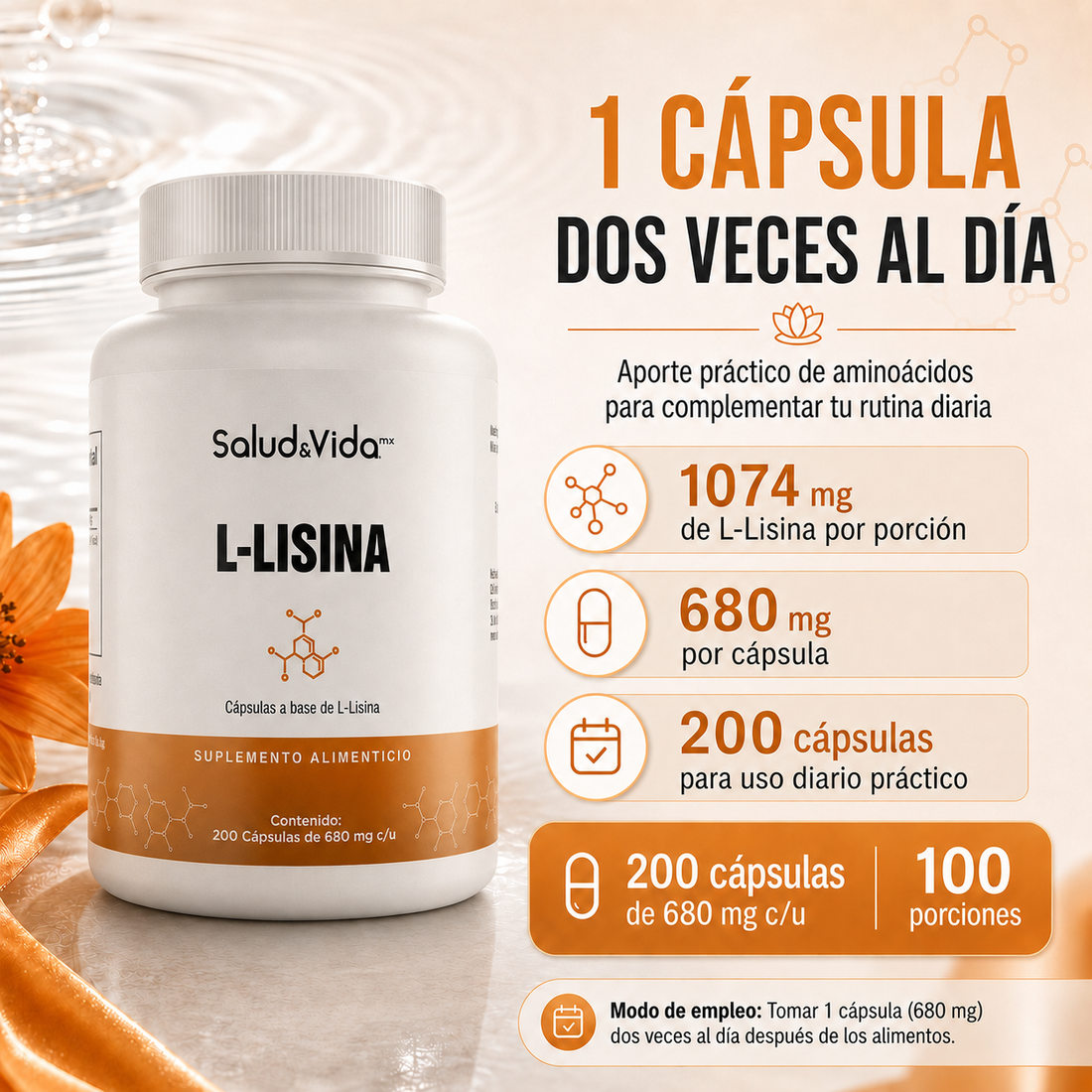 L-Lisina 1074 mg por Porción (2 Cápsulas)