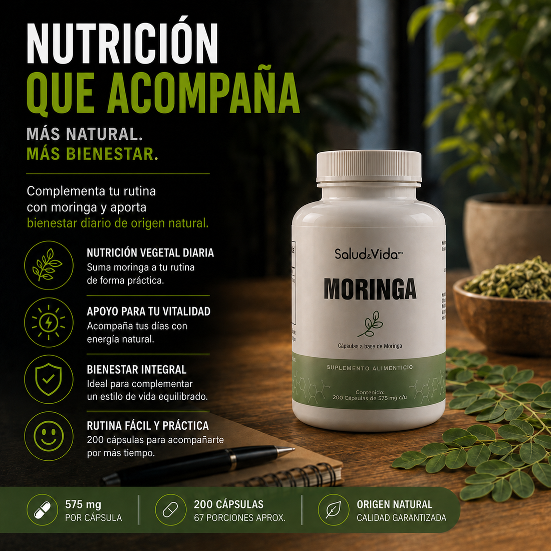 Moringa Oleifera 1500mg por Porción (3 Cápsulas)