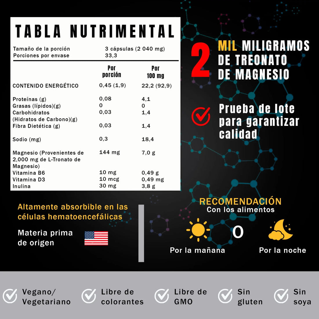 Treonato De Magnesio 100 cápsulas 680 mg