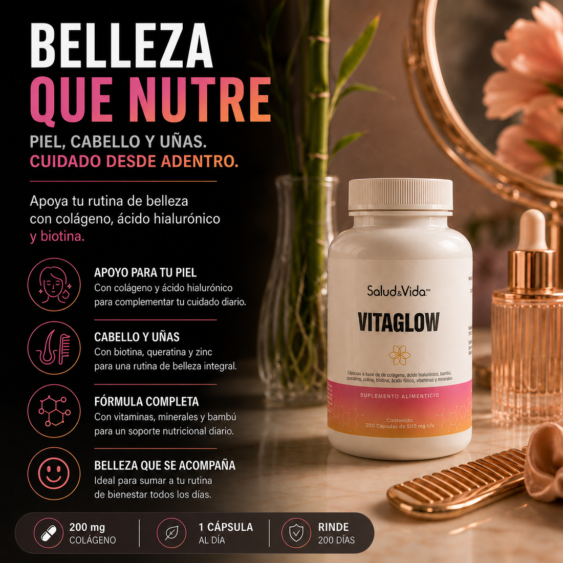 Vitaglow 500mg - Biotina, Colágeno, Ácido Hialurónico Y Queratina, con 18 Ingredientes activos