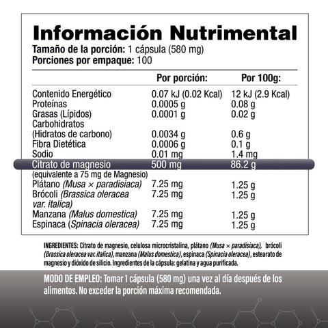 Citrato de Magnesio 500mg - Uno al día - 100 Cápsulas de Fácil Absorción - CITRAMAG S&V - Sin Gluten y Sin OMG - SaludVida México