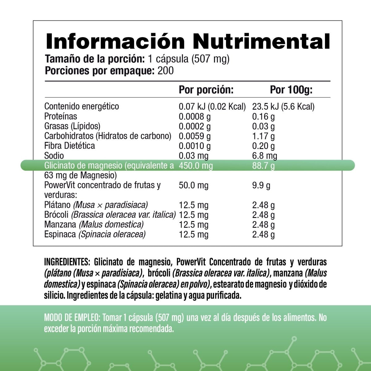 Glicinato de Magnesio con Freshfood 500mg 200 Cápsulas - SaludVida México
