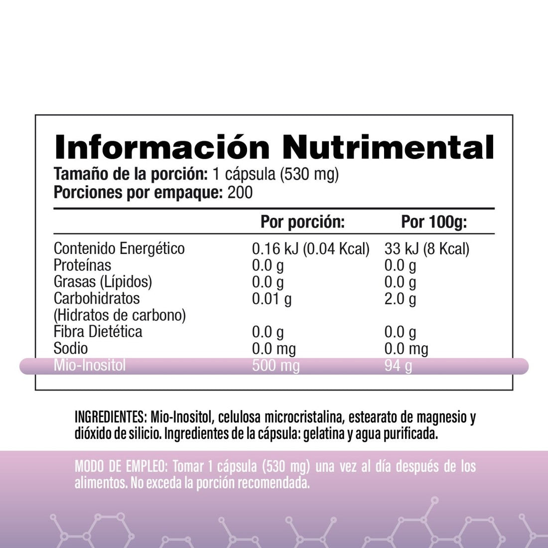 Myo Inositol Puro 500mg 200 Cápsulas - SaludVida México